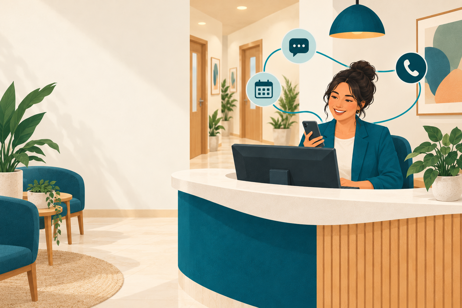 Ilustração de uma equipe de recepção usando tecnologia para organizar o atendimento.