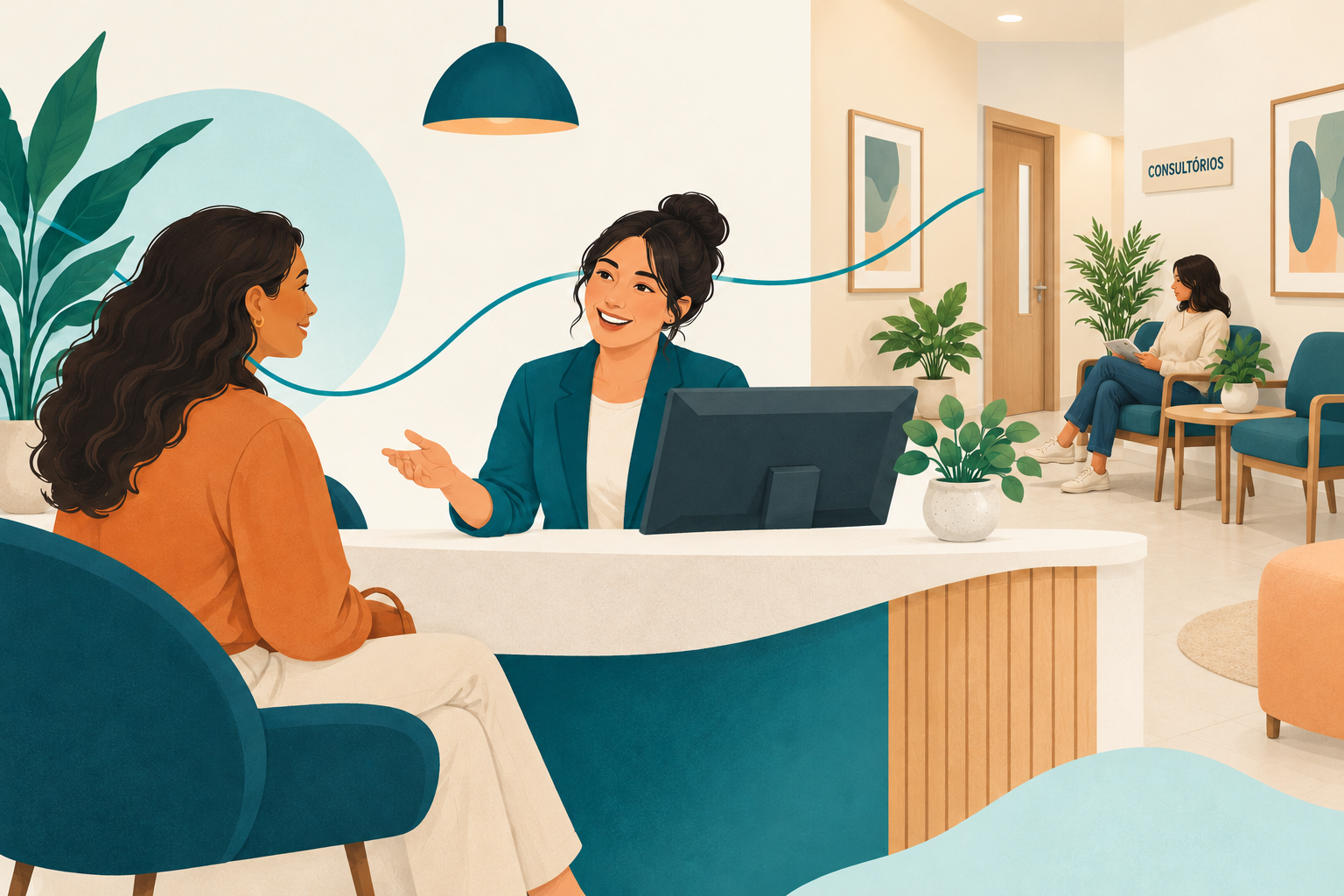 Ilustração de uma recepcionista acolhendo uma pessoa em uma clínica contemporânea.